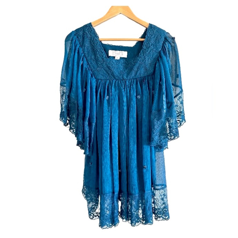 American Glamour Badgley Mischka Teal Lace Top S